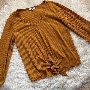 Mustard waffle knit tie front top